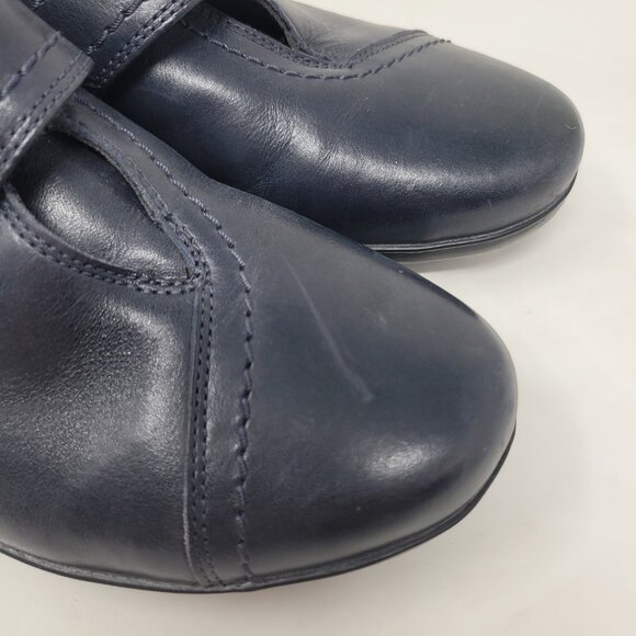 Clarks Women's Size 9 Navy Blue Leather Loafers Comfort Adjustable Strap Wedge - Picture 4 of 12